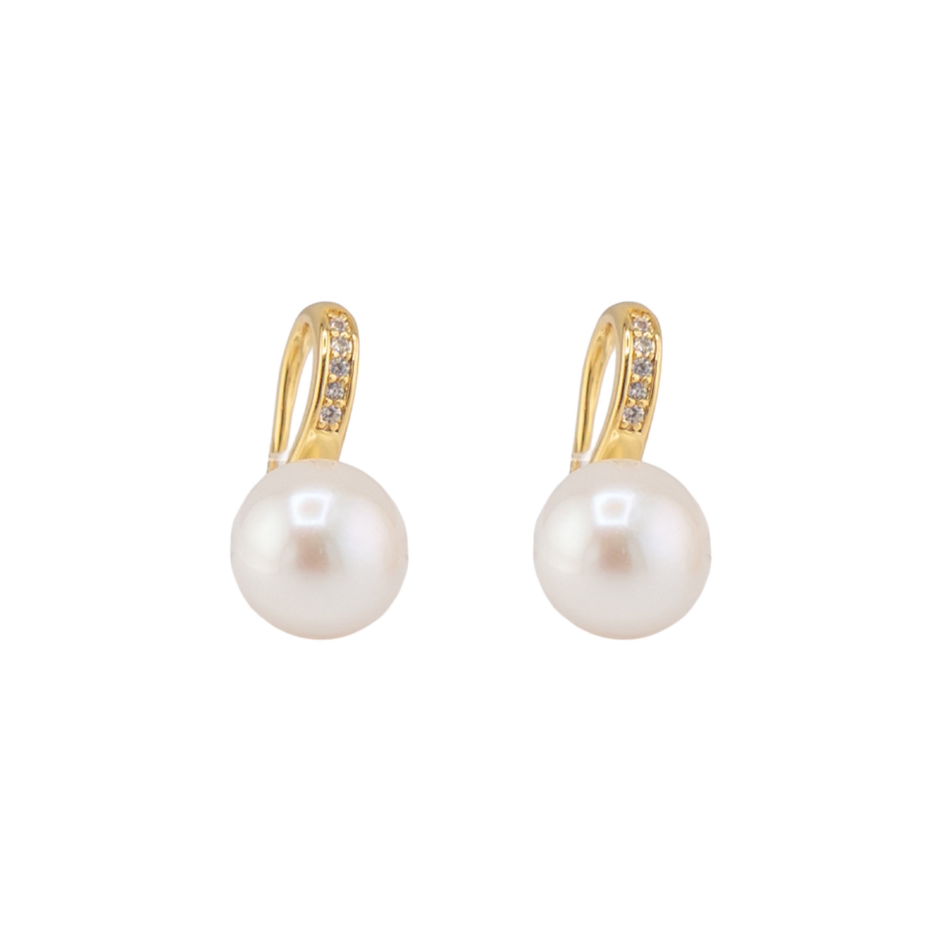Pair of pearl earrings with gold hooks on a white background